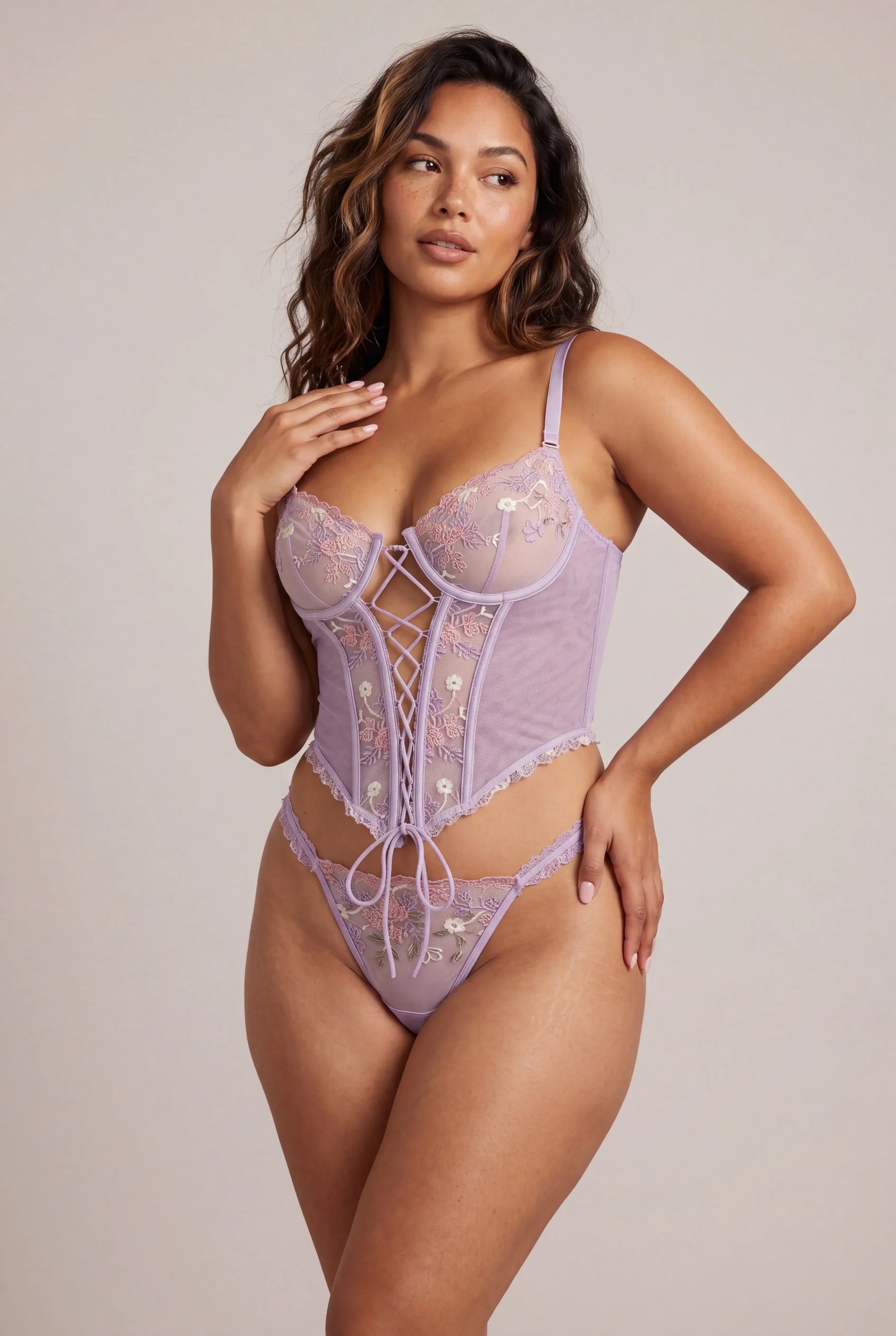 Ensemble Deux Pi Ces Corset Armatures String Assorti Lilas